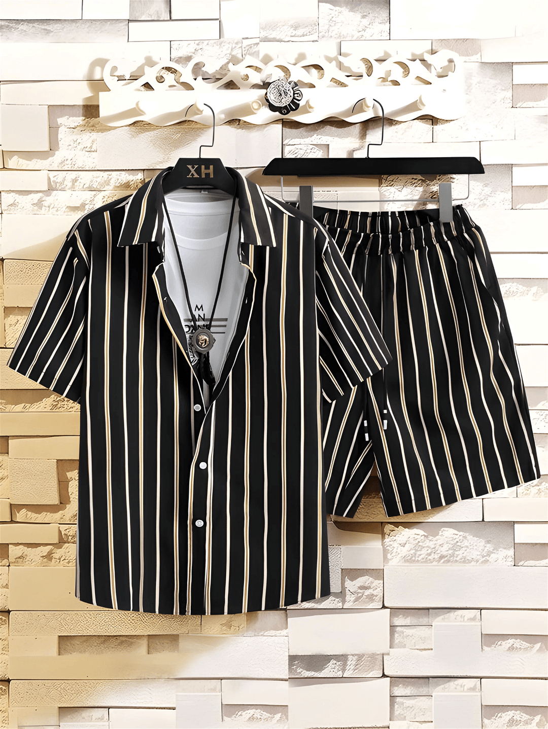 Black Printed Men's Shirt And Shorts Set Short SleeveFabric : RayonProduct Type : Co-Ords SetOccasio : Casual, Evening Party, Travelling, Beach Partysleeve type : Short SleeveWash Care Instructions : Casual Machine WasShorts Set Short Sleeve