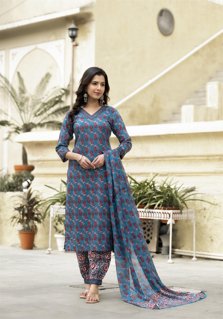 Daily Wear Kurta set With Bottom and Dupatta set for WomenMaterial composition : 100% ViscosLength : Knee LengthSleeve type : 3/4 SleeveStyle : StraightMaterial type : ViscosOccasion : Casual ,Office wear ,Party ,Wedding , Daily Wear Kurta set
