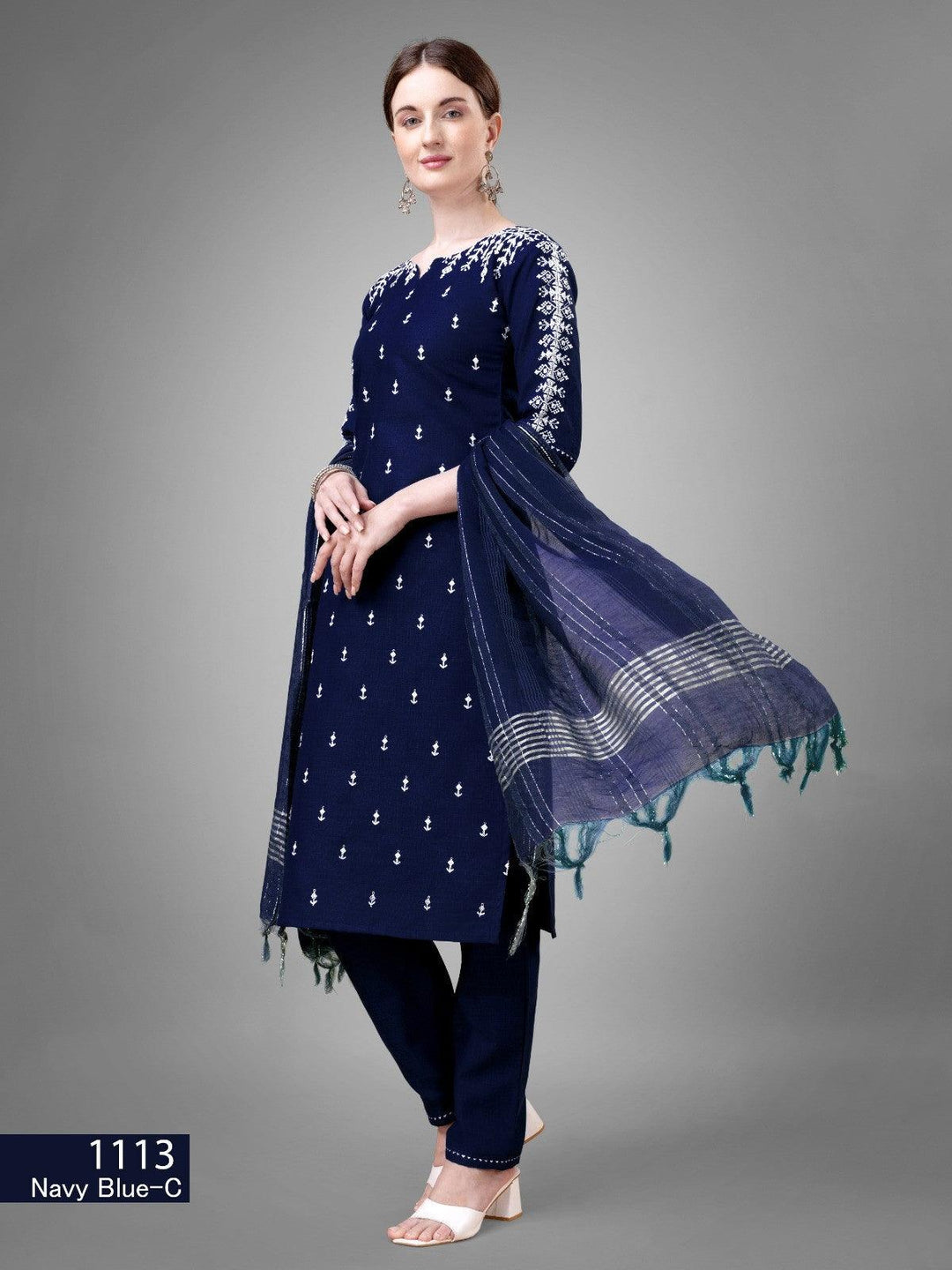 Dark Blue Kurti Set Cotton Blend Kurti With Bottom Dupatta Collection - store Elite