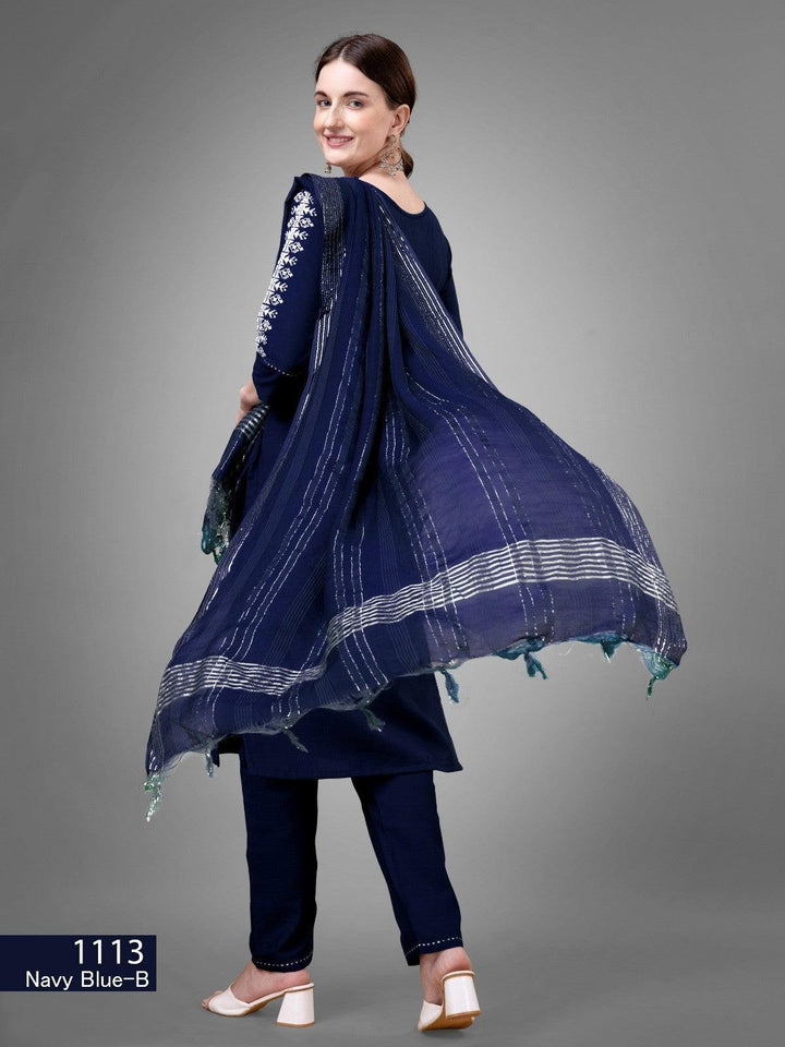 Dark Blue Kurti Set Cotton Blend Kurti With Bottom Dupatta Collection - store Elite