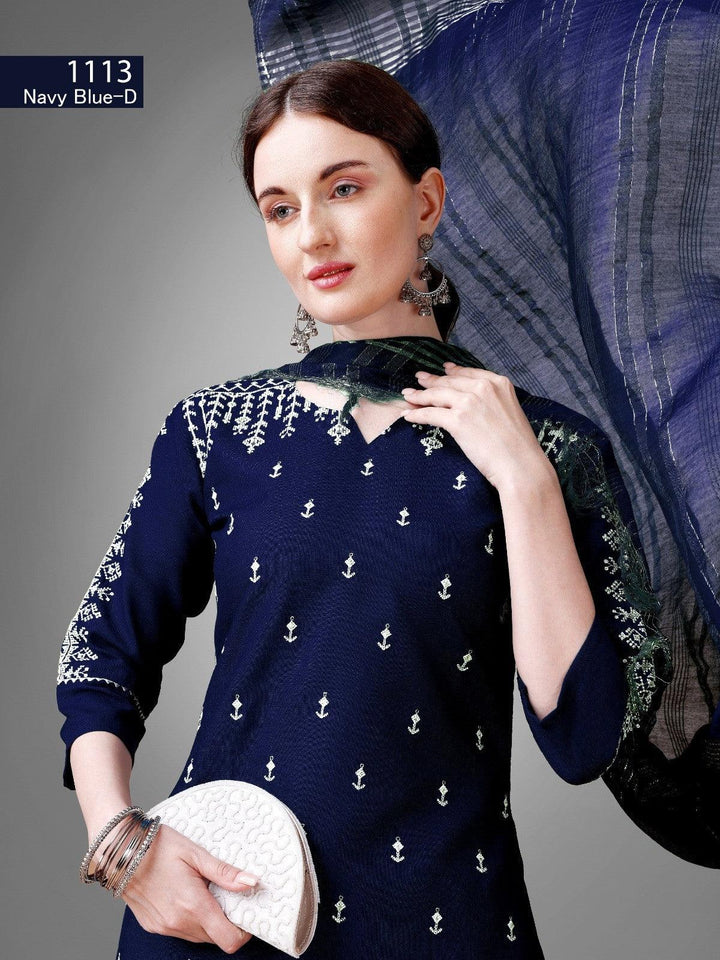Dark Blue Kurti Set Cotton Blend Kurti With Bottom Dupatta Collection - store Elite