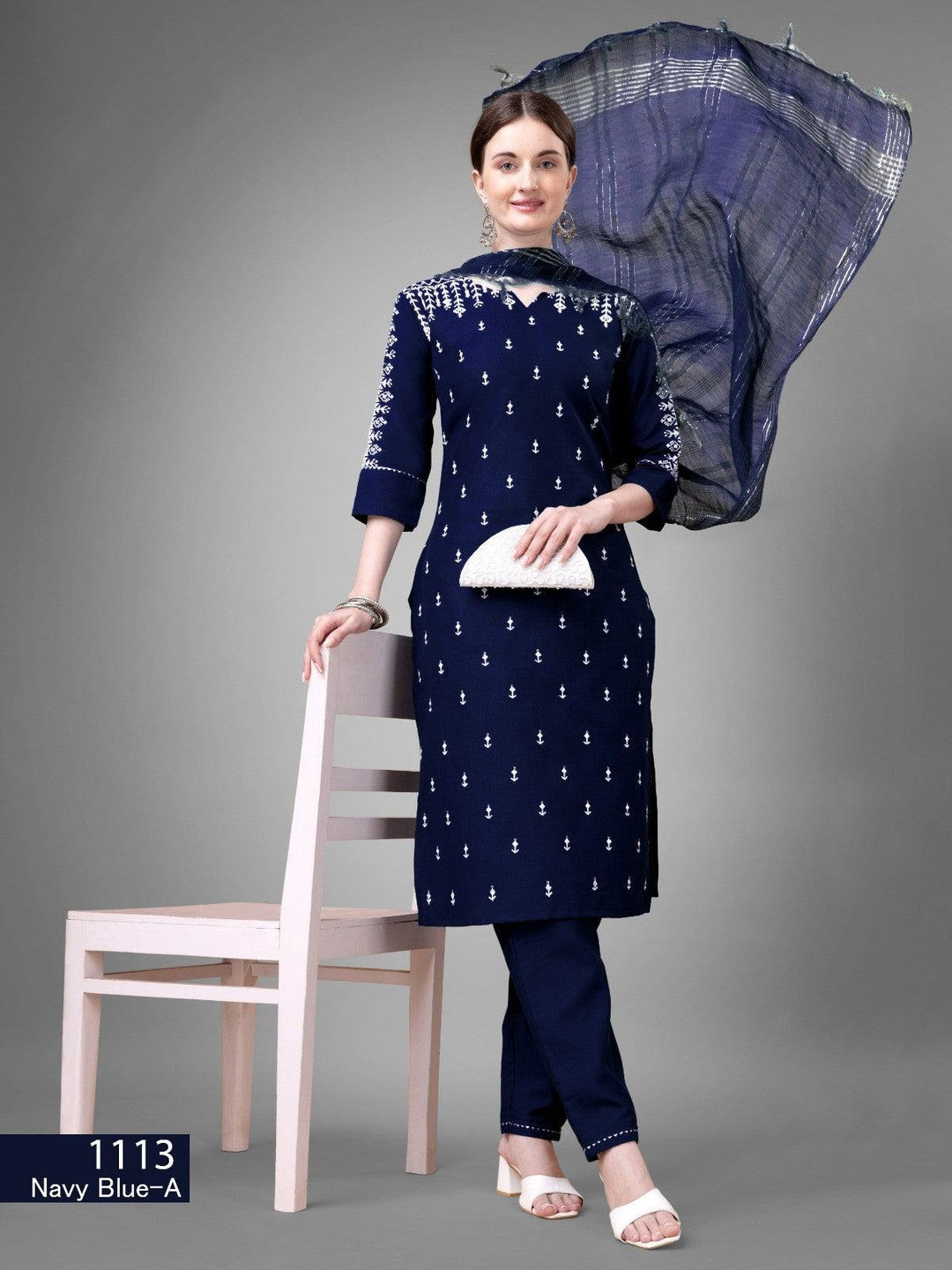 Dark Blue Kurti Set Cotton Blend Kurti With Bottom Dupatta Collection - store Elite