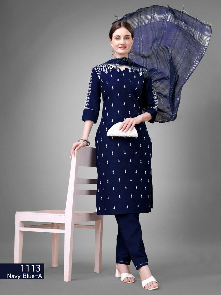 Dark Blue Kurti Set Cotton Blend Kurti With Bottom Dupatta Collection - store Elite