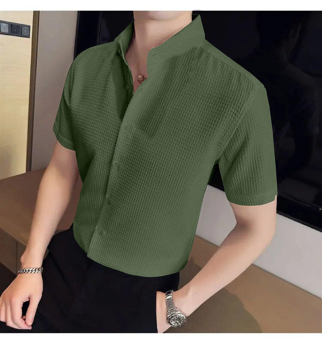 Dark Green Colour Men's Casual Wear Short Sleeve Shirt - store Elite