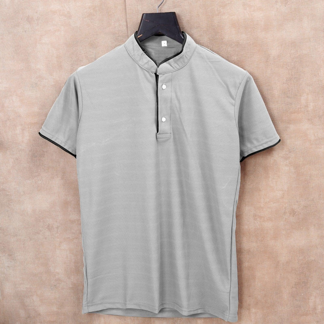 Grey Men's Solid Mandarin Collar Slim Fit Half Sleeve T-Shirt - store Elite