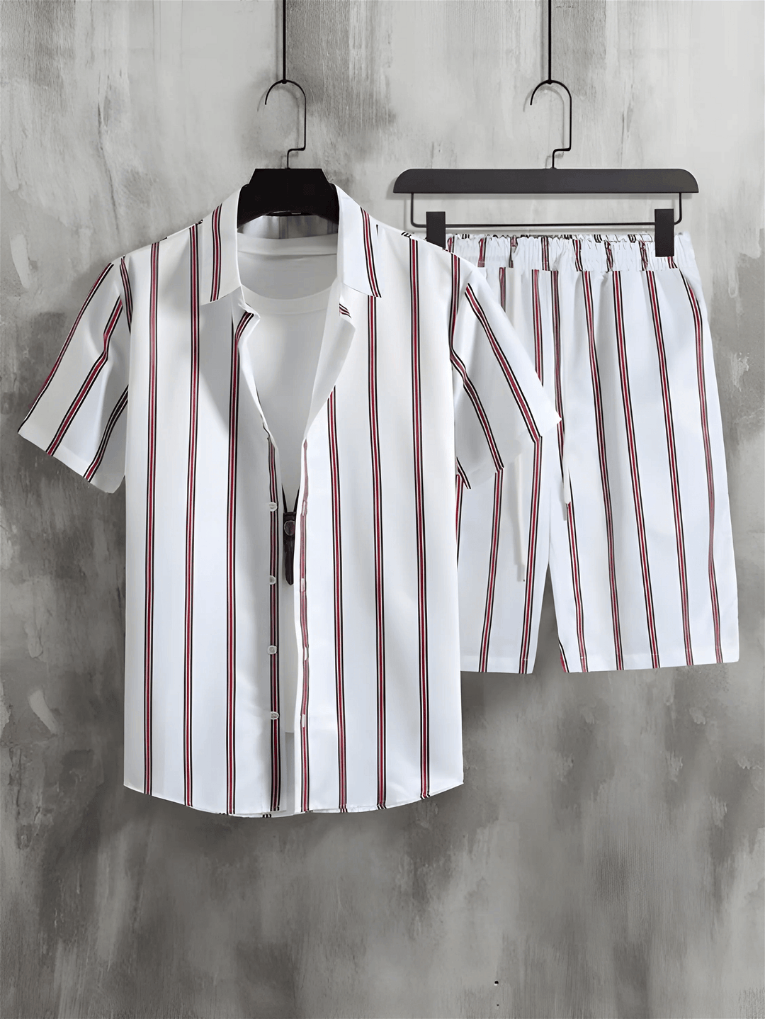 Maroon Striped Printed White Men's Shirt And Shorts Set Short SleeveFabric : RayonProduct Type : Co-Ords SetOccasio : Casual, Evening Party, Travelling, Beach Partysleeve type : Short SleeveWash Care Instructions : Casual Machine WasMaroon Striped Printed White Men'