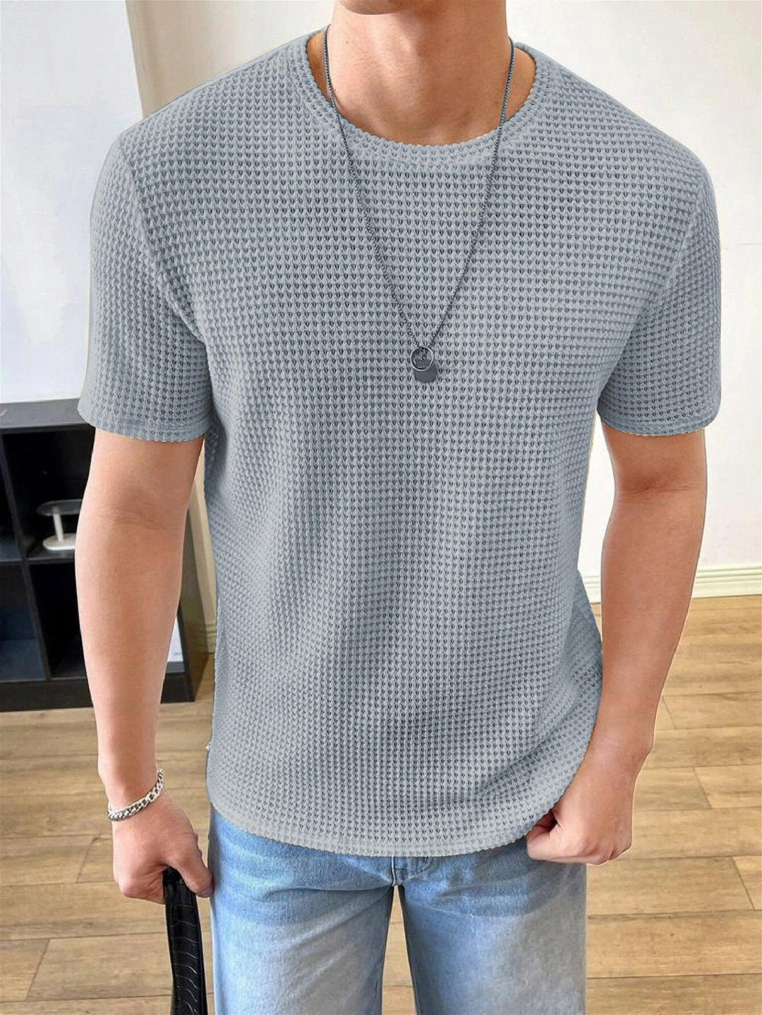 Men Solid Round Neck Waffle Grey T-Shirt - store Elite
