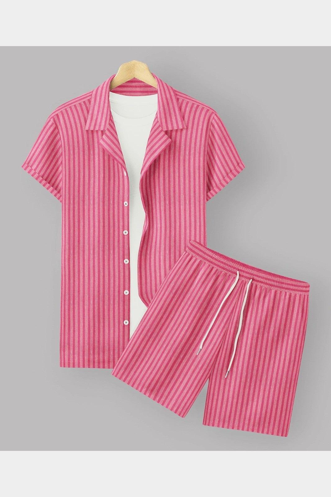 Pink Colour Men's Cotton Shirt And Shorts Set Short SleeveFabric : CottonProduct Type : Co-Ords SetOccasio : Casual, Evening Party, Travelling, Beach Partysleeve type : Short SleeveBottom : Two PocketsWash Care InstructionsShorts Set Short Sleeve