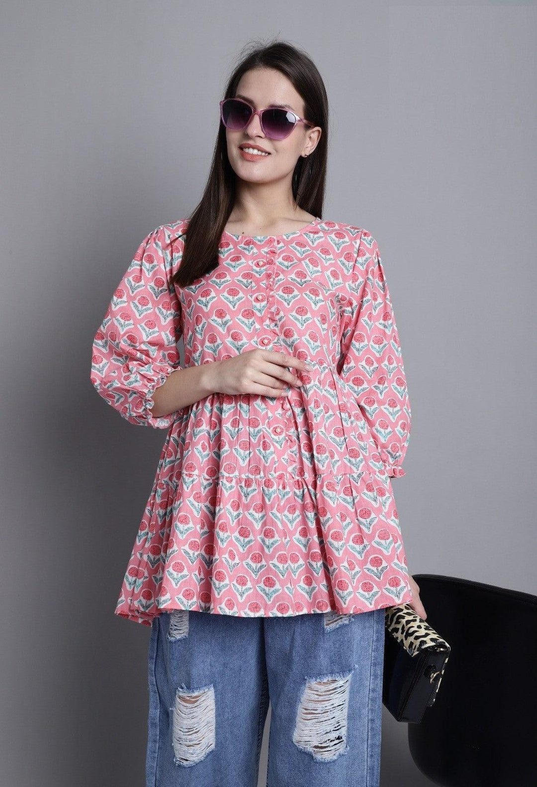 Pink Pure cotton Jaipuri Printed Short Top - store Elite