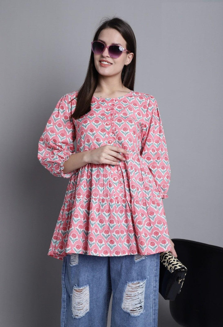 Pink Pure cotton Jaipuri Printed Short Top - store Elite
