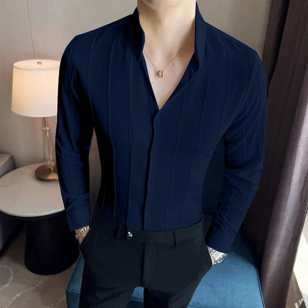 Refreshing Navy Blue Striped Premium Shirt - store Elite