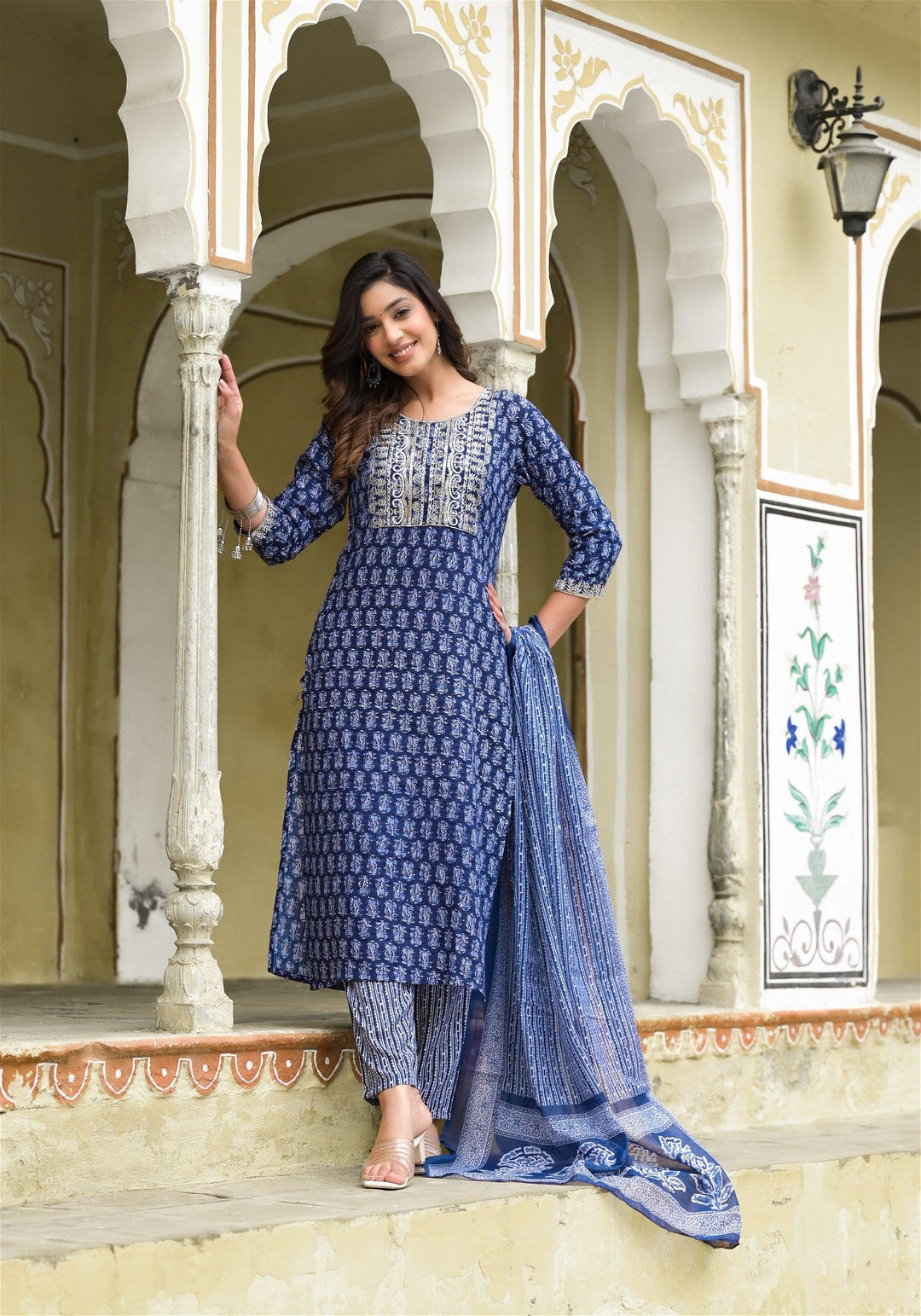 Simple and Designer Kurta set with Bottom and Dupatta in Blue ColorMaterial composition : 100% ViscosLength : Knee LengthSleeve type : 3/4 SleeveStyle : StraightMaterial type : ViscosOccasion : Casual ,Office wear ,Party ,Wedding , Designer Kurta set