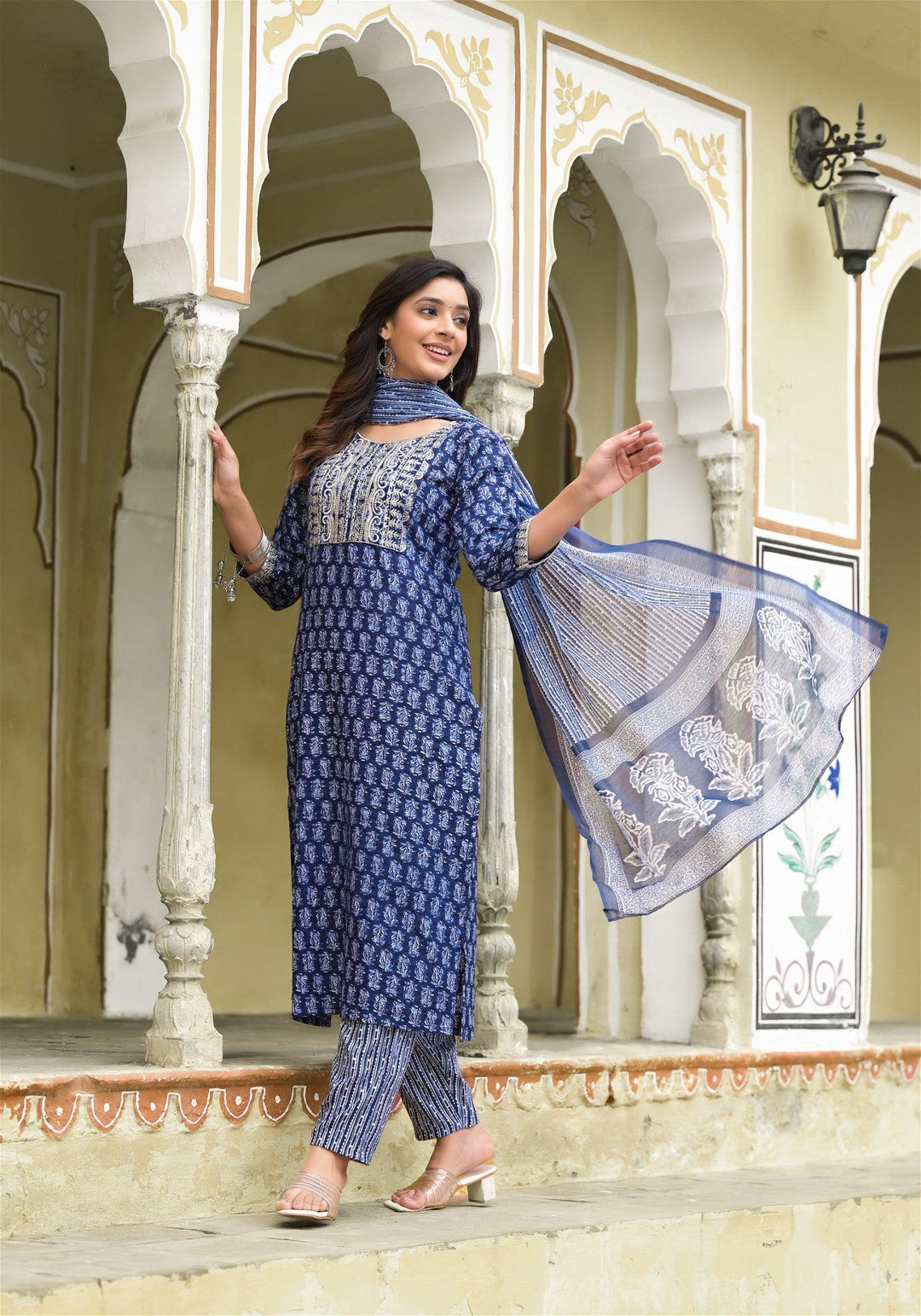 Simple and Designer Kurta set with Bottom and Dupatta in Blue ColorMaterial composition : 100% ViscosLength : Knee LengthSleeve type : 3/4 SleeveStyle : StraightMaterial type : ViscosOccasion : Casual ,Office wear ,Party ,Wedding , Designer Kurta set