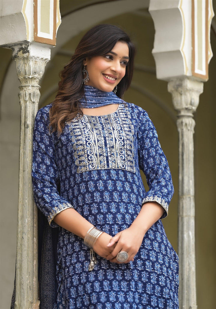 Simple and Designer Kurta set with Bottom and Dupatta in Blue ColorMaterial composition : 100% ViscosLength : Knee LengthSleeve type : 3/4 SleeveStyle : StraightMaterial type : ViscosOccasion : Casual ,Office wear ,Party ,Wedding , Designer Kurta set