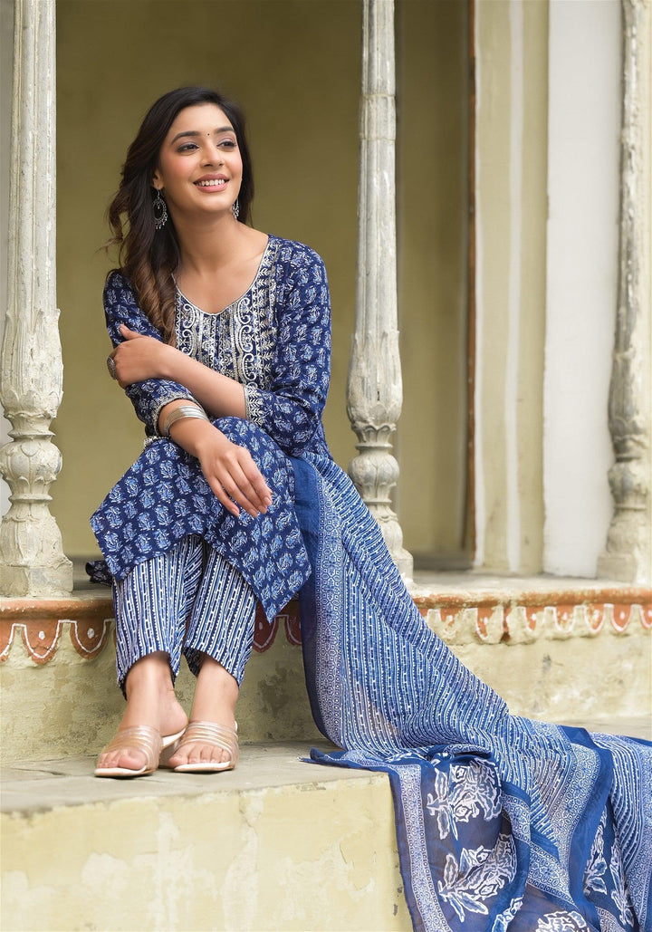 Simple and Designer Kurta set with Bottom and Dupatta in Blue ColorMaterial composition : 100% ViscosLength : Knee LengthSleeve type : 3/4 SleeveStyle : StraightMaterial type : ViscosOccasion : Casual ,Office wear ,Party ,Wedding , Designer Kurta set