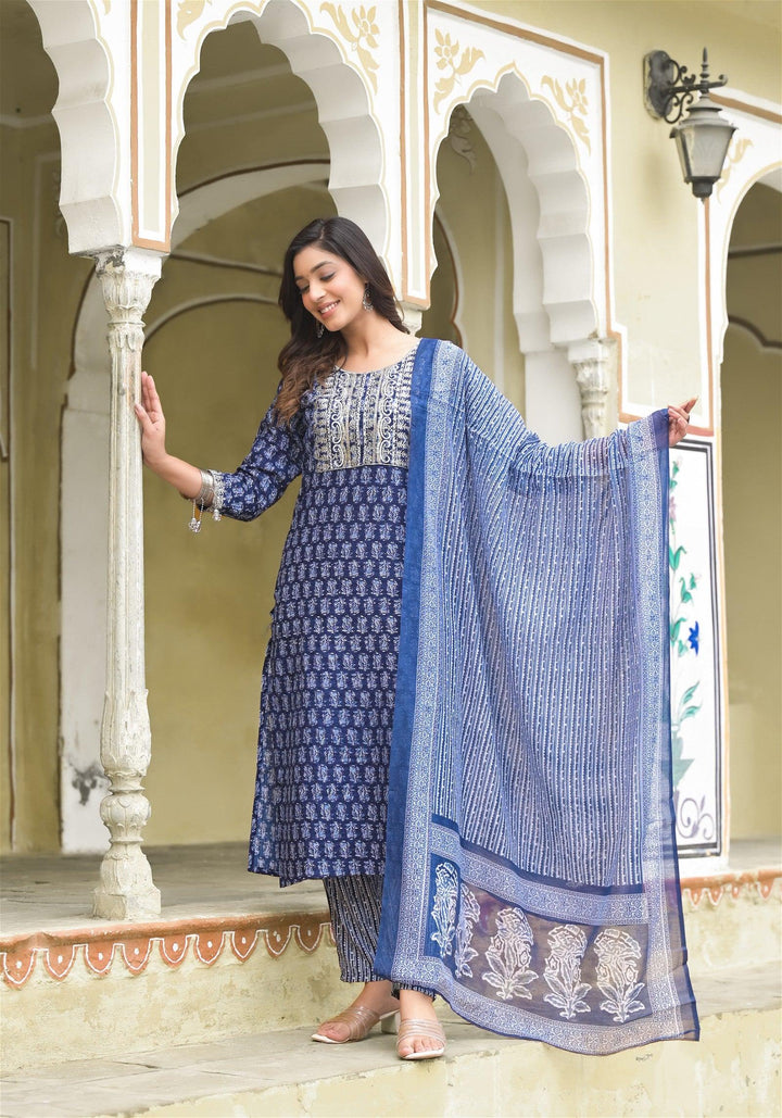 Simple and Designer Kurta set with Bottom and Dupatta in Blue ColorMaterial composition : 100% ViscosLength : Knee LengthSleeve type : 3/4 SleeveStyle : StraightMaterial type : ViscosOccasion : Casual ,Office wear ,Party ,Wedding , Designer Kurta set