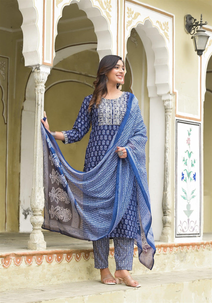 Simple and Designer Kurta set with Bottom and Dupatta in Blue ColorMaterial composition : 100% ViscosLength : Knee LengthSleeve type : 3/4 SleeveStyle : StraightMaterial type : ViscosOccasion : Casual ,Office wear ,Party ,Wedding , Designer Kurta set