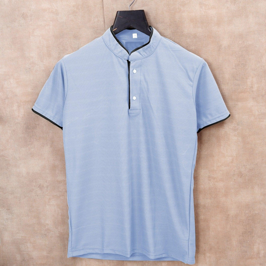 Sky Blue Men's Solid Mandarin Collar Slim Fit Half Sleeve T-Shirt - store Elite
