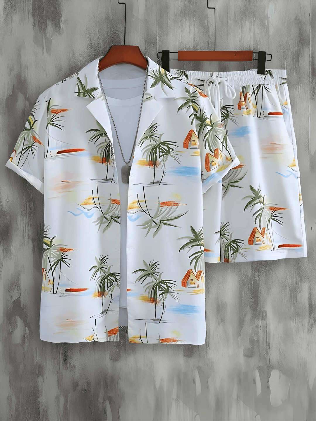 Tree Print Men's Shirt And Shorts Set Short SleeveFabric : RayonProduct Type : Co-Ords SetOccasio : Casual, Evening Party, Travelling, Beach Partysleeve type : Short SleeveWash Care Instructions : Casual Machine WasShorts Set Short Sleeve
