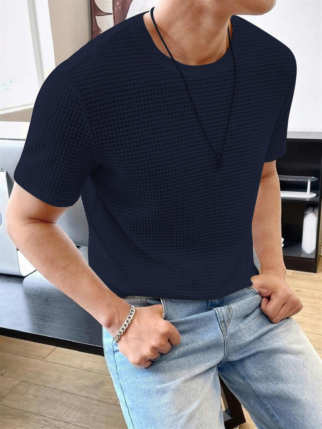 Waffle Navy Blue Hlaf sleeve Men T-Shirt - store Elite