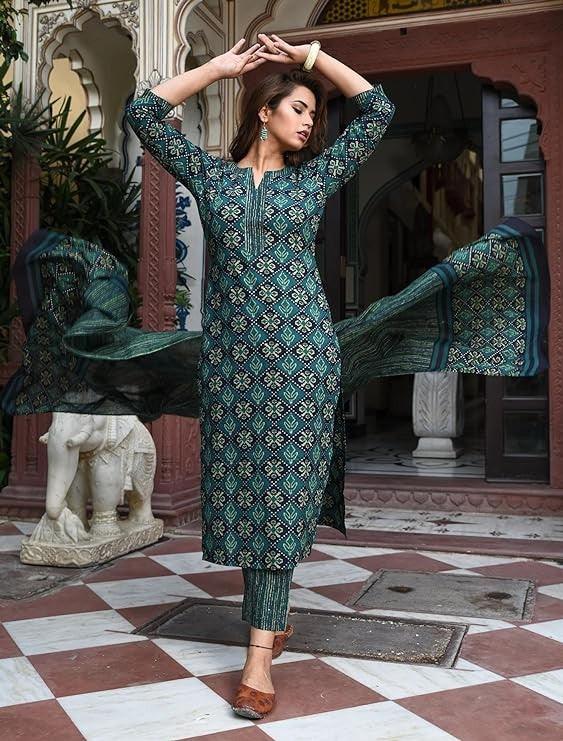 Women Block Printed Kurta Set with DupattaMaterial composition : 100% ViscosLength : Knee LengthSleeve type : 3/4 SleeveStyle : StraightMaterial type : ViscosOccasion : Casual ,Office wear ,Party ,Wedding , Women Block Printed Kurta Set