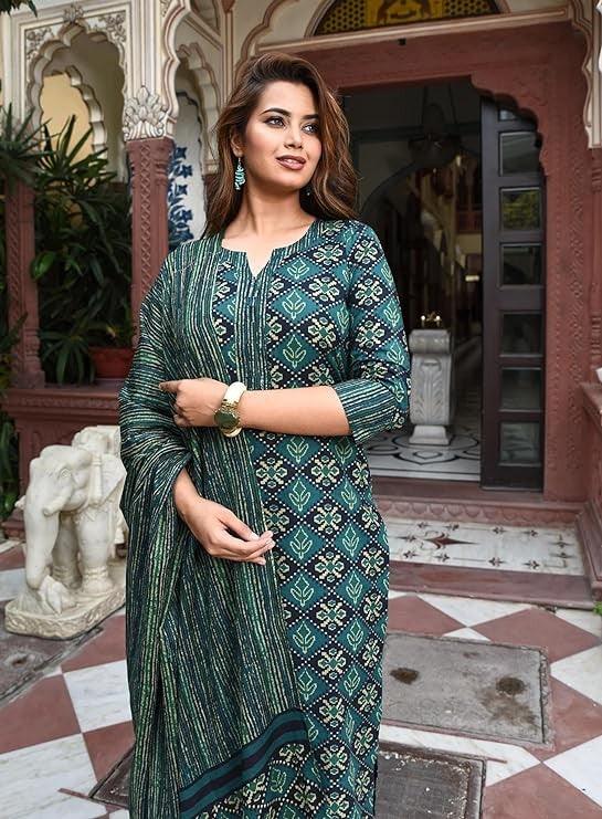Women Block Printed Kurta Set with DupattaMaterial composition : 100% ViscosLength : Knee LengthSleeve type : 3/4 SleeveStyle : StraightMaterial type : ViscosOccasion : Casual ,Office wear ,Party ,Wedding , Women Block Printed Kurta Set