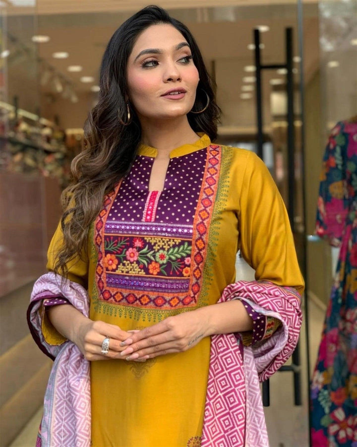 Women Embroidered Straight Kurta Set with DupattaTop Fabric :  Muslin
Bottom Fabric : Rayon
Dupatta Fabric :Chanderi
Work : Printed &amp; Embroidery
Occasion : Party wear,Casual Wear
 
Women Embroidered Straight Kurta Set
