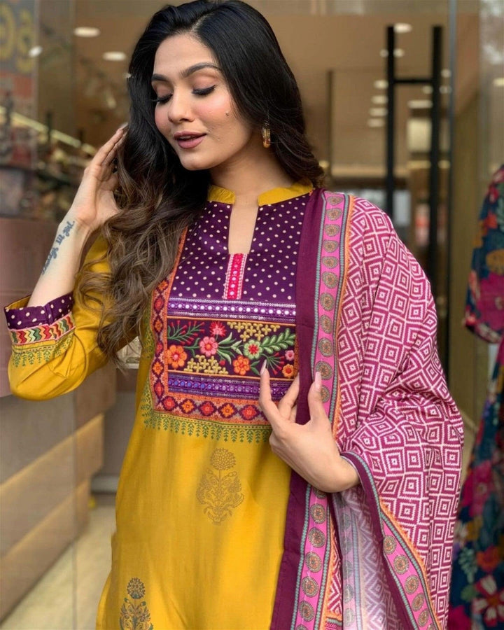 Women Embroidered Straight Kurta Set with DupattaTop Fabric :  Muslin
Bottom Fabric : Rayon
Dupatta Fabric :Chanderi
Work : Printed &amp; Embroidery
Occasion : Party wear,Casual Wear
 
Women Embroidered Straight Kurta Set