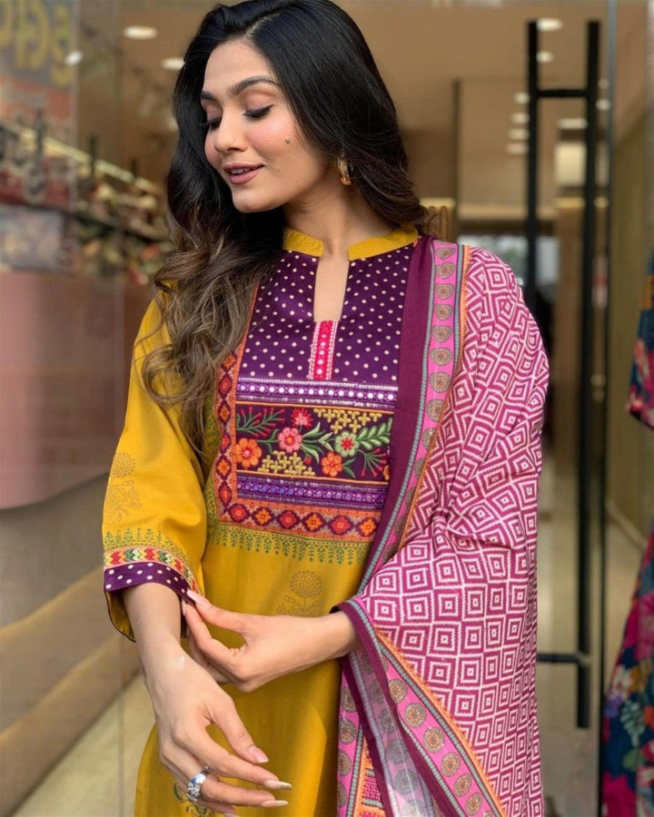 Women Embroidered Straight Kurta Set with DupattaTop Fabric :  Muslin
Bottom Fabric : Rayon
Dupatta Fabric :Chanderi
Work : Printed &amp; Embroidery
Occasion : Party wear,Casual Wear
 
Women Embroidered Straight Kurta Set