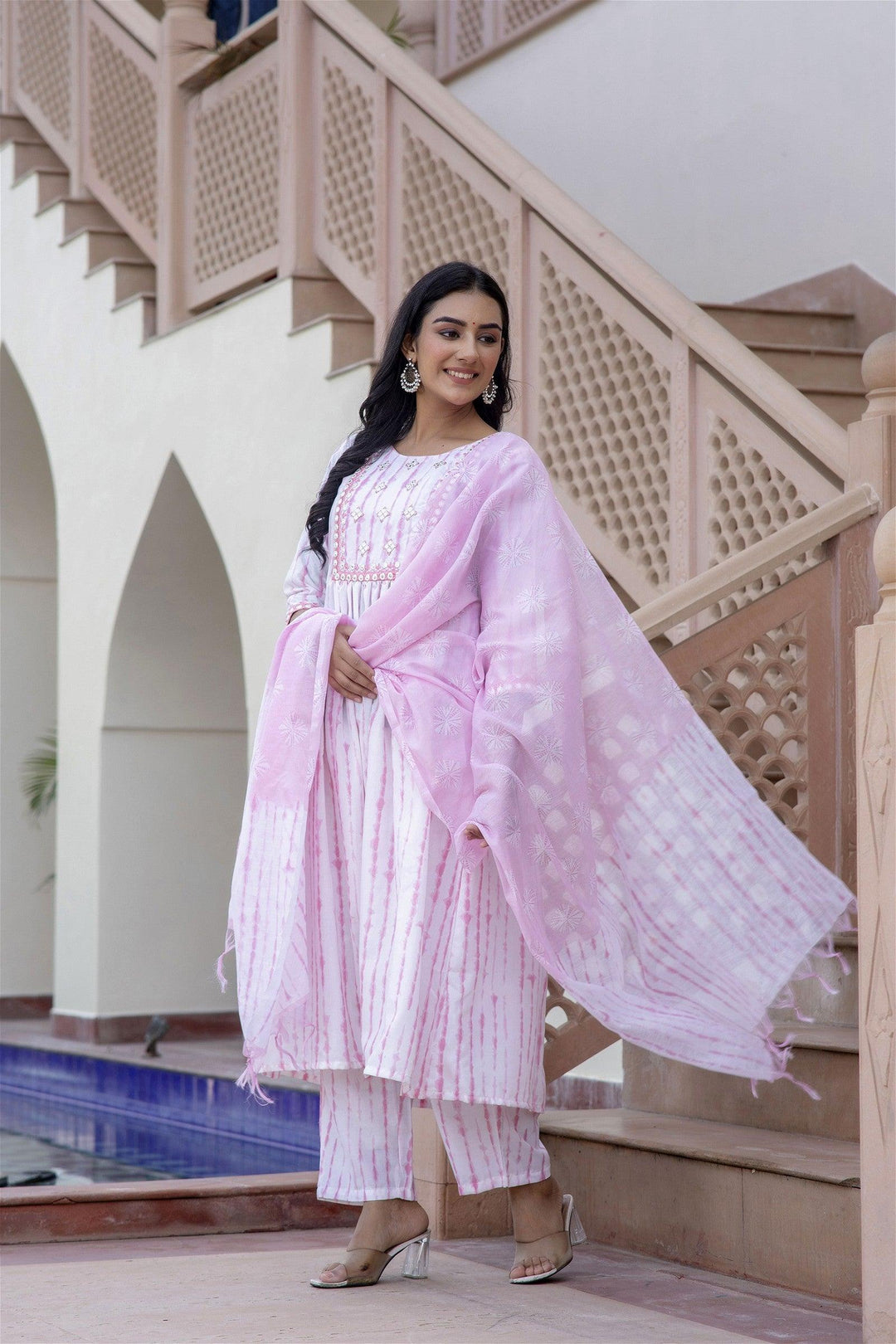 Women Embroidery Kurta and Pant Set with Dupatta in PinkMaterial composition : 100% ViscosLength : Knee LengthSleeve type :3/4 SleeveStyle : AnarkaliMaterial type : ViscosOccasion : Casual ,Office wear ,Party ,Wedding , RWomen Embroidery Kurta