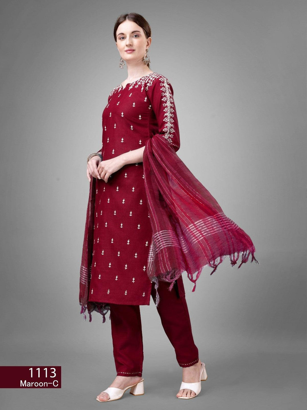 Women's Maroon Color Cotton Bland Embroidery With Sequence Work Kurta Pant With Dupatta Set - store Elite