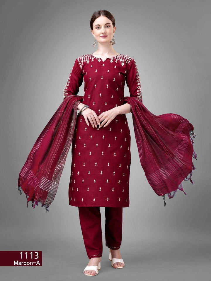 Women's Maroon Color Cotton Bland Embroidery With Sequence Work Kurta Pant With Dupatta Set - store Elite