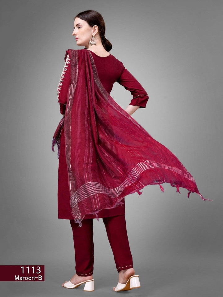 Women's Maroon Color Cotton Bland Embroidery With Sequence Work Kurta Pant With Dupatta Set - store Elite