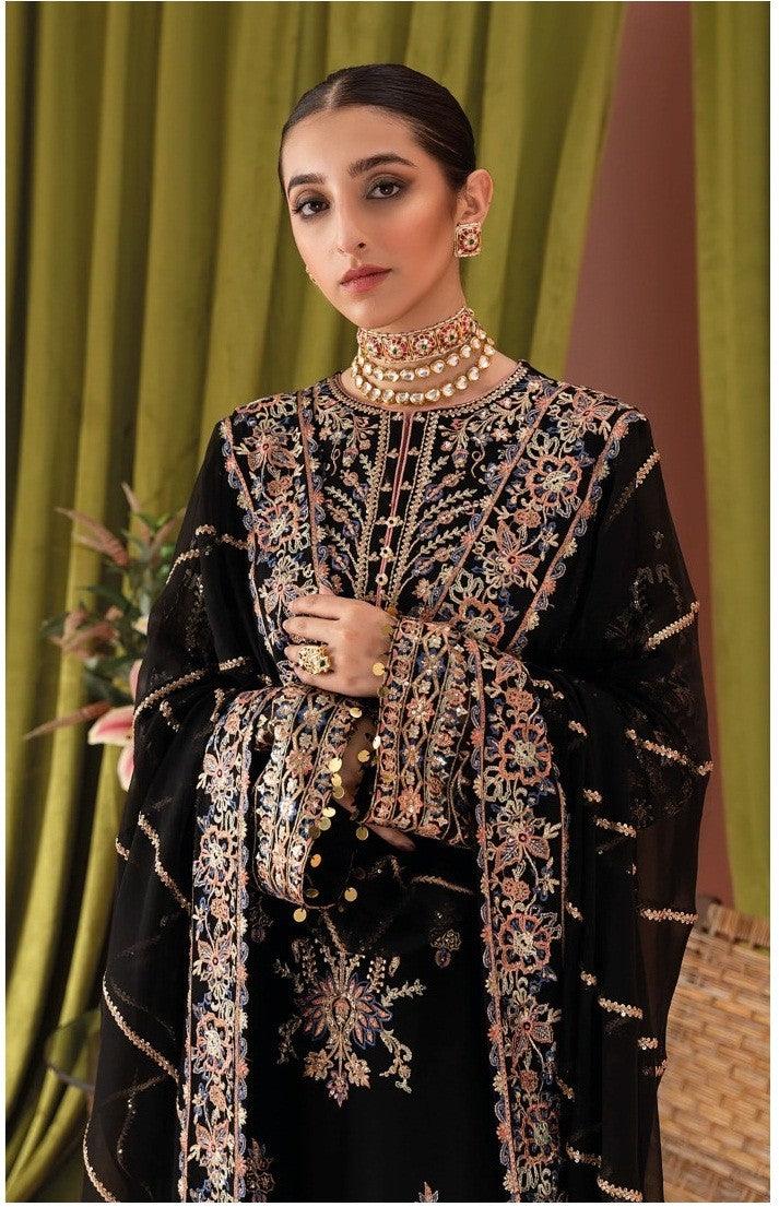 Black Color Party WearTop Fabric : Heavy Faux Georgette with Embroidery 
Bottom Fabric : Santoon 
Inner : Santoon 
Duppata : Heavy Butterfly Net
Material Type : unstiched Material
OccasioBlack Color Party Wear