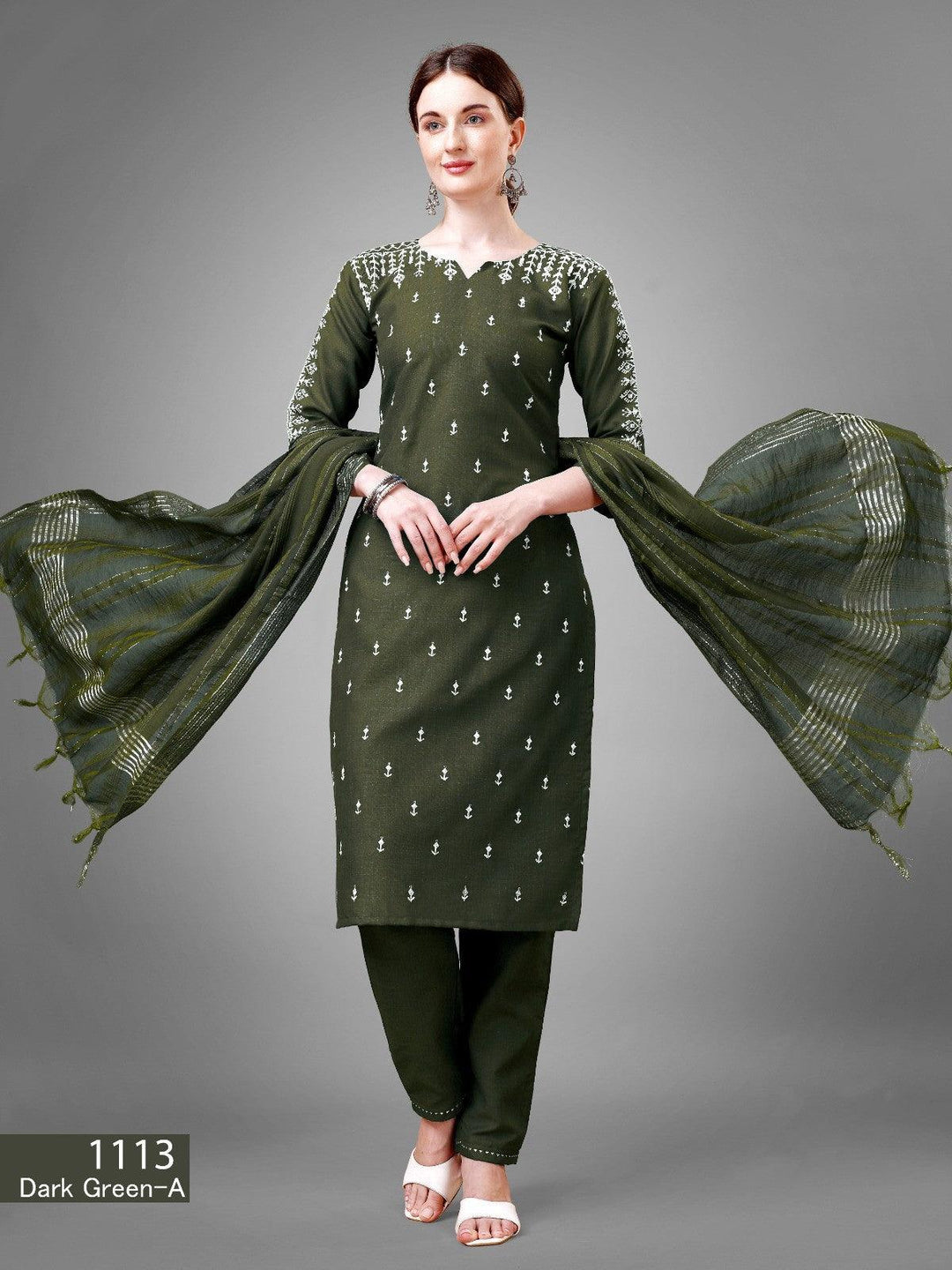 Green Cotton Embroidered And Sequins Work Trendy SuitKurti : Cotton Blend with Embroidery &amp; Sequence Work
Pant - Cotton Blend
Dupatta - Silk Blend
Length - 46 Inch
Wash Care - Dry Wash OnlySequins Work Trendy Suit