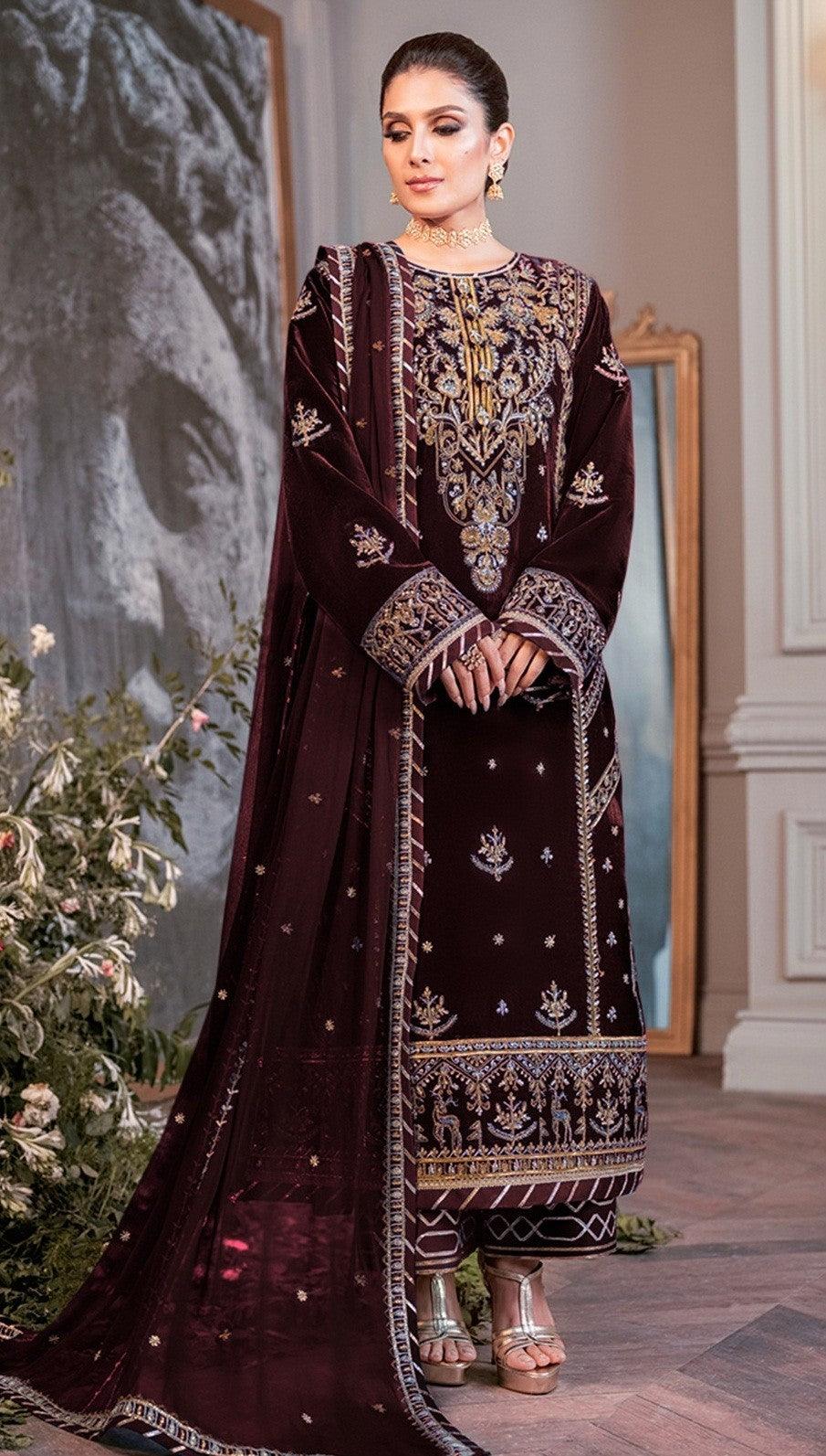 Maroon Color Winter Collection Heavy Embroidered Velvet Salwar SuitTop Fabric : Velvet With Heavy Work 
Bottom Fabric : Rayon Pashmina 
Duppata : Heavy Chinon  With Embroidery
Material Type : unstiched Material
Occasion : Party Maroon Color Winter Collection Heavy Embroidered Velvet Salwar Suit