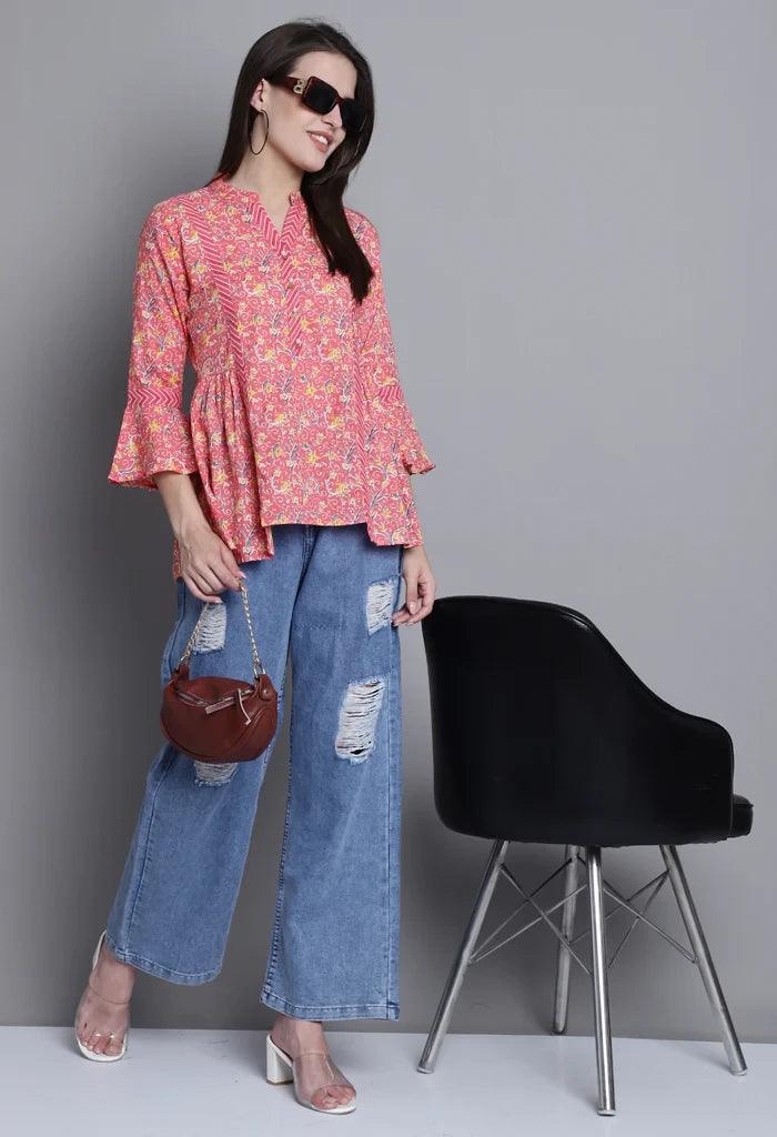 Peach Pure cotton Jaipuri Printed Short TopTop Fabric: Pure cotton
Top Color: Peach
Top Work: Jaipuri Printed
Work Type: Jaipuri Printed, Pearl with fancy Tassels
Neck Style: Chinese/Mandarin-neck
SleevePeach Pure cotton Jaipuri Printed Short Top