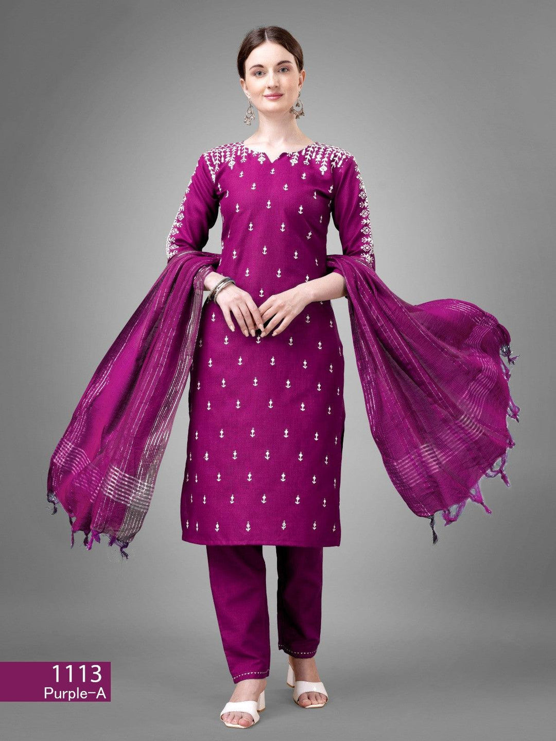 Purple  Cotton Blend Readymade Salwar SuitKurti : Cotton Blend with Embroidery &amp; Sequence Work
Pant - Cotton Blend
Dupatta - Silk Blend
Length - 46 Inch
 
Wash Care - Dry Wash OnlyPurple Cotton Blend Readymade Salwar Suit