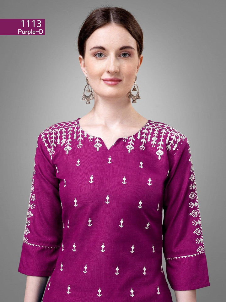 Purple  Cotton Blend Readymade Salwar SuitKurti : Cotton Blend with Embroidery &amp; Sequence Work
Pant - Cotton Blend
Dupatta - Silk Blend
Length - 46 Inch
 
Wash Care - Dry Wash OnlyPurple Cotton Blend Readymade Salwar Suit