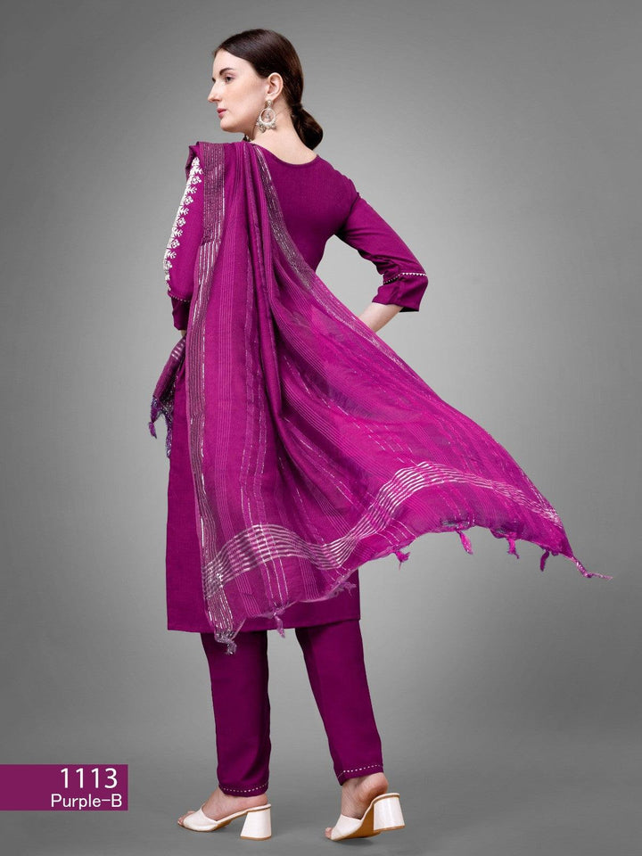 Purple  Cotton Blend Readymade Salwar SuitKurti : Cotton Blend with Embroidery &amp; Sequence Work
Pant - Cotton Blend
Dupatta - Silk Blend
Length - 46 Inch
 
Wash Care - Dry Wash OnlyPurple Cotton Blend Readymade Salwar Suit