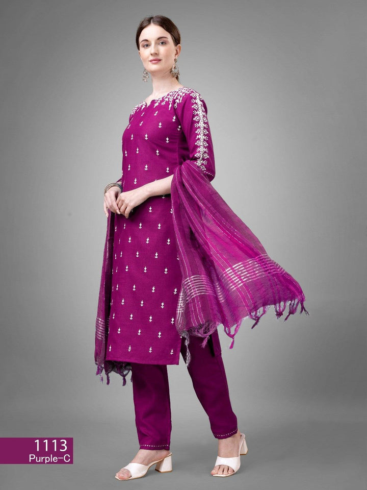 Purple  Cotton Blend Readymade Salwar SuitKurti : Cotton Blend with Embroidery &amp; Sequence Work
Pant - Cotton Blend
Dupatta - Silk Blend
Length - 46 Inch
 
Wash Care - Dry Wash OnlyPurple Cotton Blend Readymade Salwar Suit