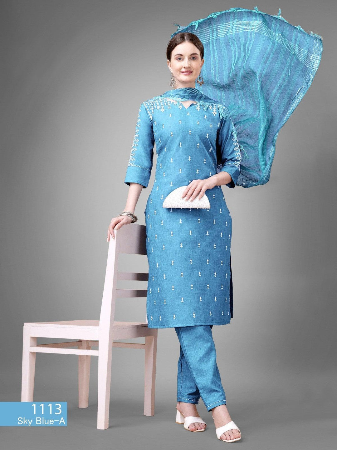 Sky Blue Women's Tranding Cotton blend Kurti,Pant with DupattaKurti : Cotton Blend with Embroidery &amp; Sequence Work
Pant - Cotton Blend
Dupatta - Silk Blend
Length - 46 Inch
Wash Care - Dry Wash OnlySky Blue Women'