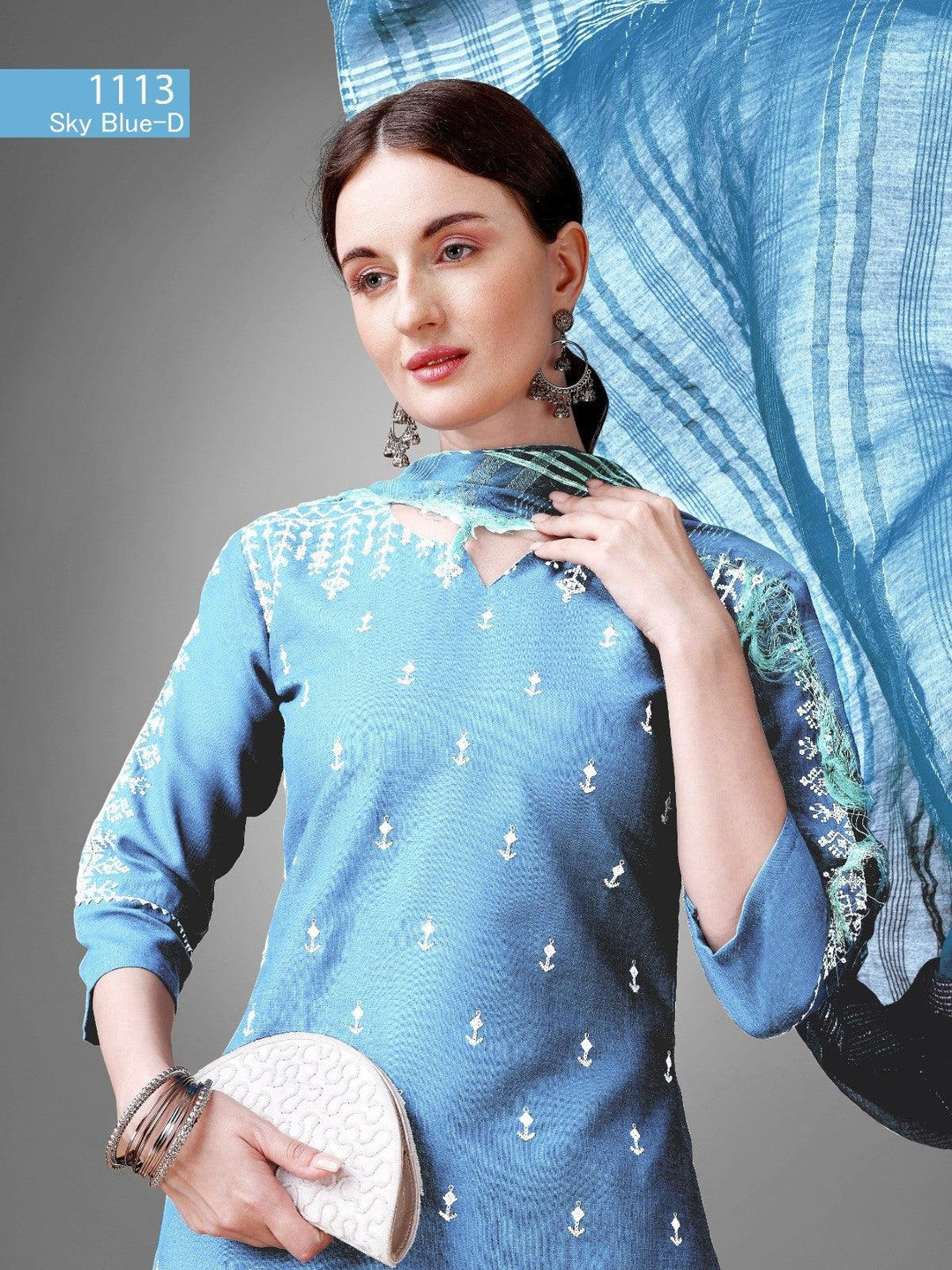 Sky Blue Women's Tranding Cotton blend Kurti,Pant with DupattaKurti : Cotton Blend with Embroidery &amp; Sequence Work
Pant - Cotton Blend
Dupatta - Silk Blend
Length - 46 Inch
Wash Care - Dry Wash OnlySky Blue Women'