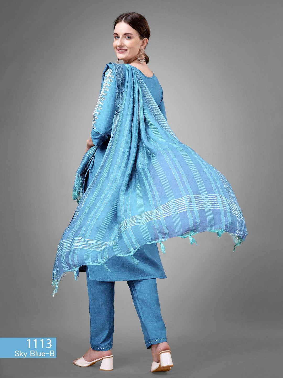 Sky Blue Women's Tranding Cotton blend Kurti,Pant with DupattaKurti : Cotton Blend with Embroidery &amp; Sequence Work
Pant - Cotton Blend
Dupatta - Silk Blend
Length - 46 Inch
Wash Care - Dry Wash OnlySky Blue Women'