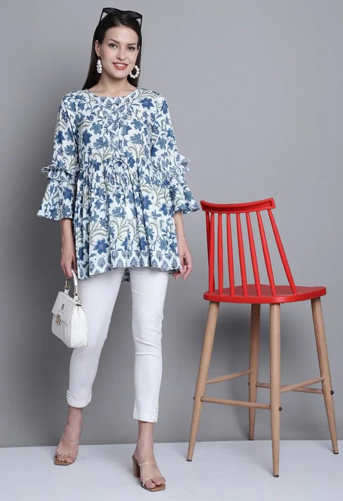 White & Blue Pure cotton Jaipuri Printed Short TopTop Fabric: Pure cotton
Top Work: Jaipuri Printed
Work Type: Jaipuri Printed with fancy Tassels
Neck Style: Round Neck
Sleeve Type: 3/4th Sleeve
Sleeve Length: White & Blue Pure cotton Jaipuri Printed Short Top