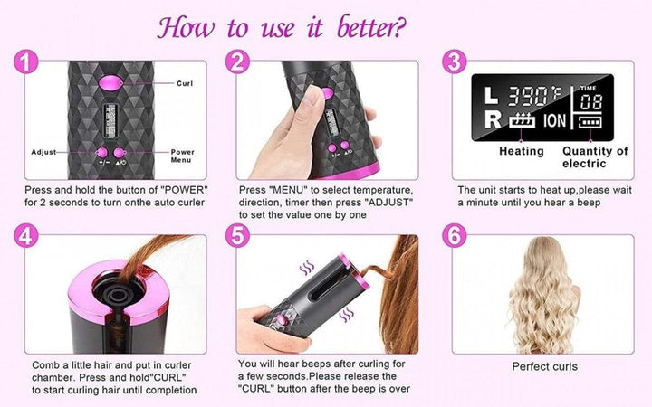 Wirless USB Auto Hair CurlerThe latest cordless curling iron, say goodbye to the messy and tangled cable design. Without cable restraints, you can curl your hair 
anywhere.The cordless auto cuWirless USB Auto Hair Curler